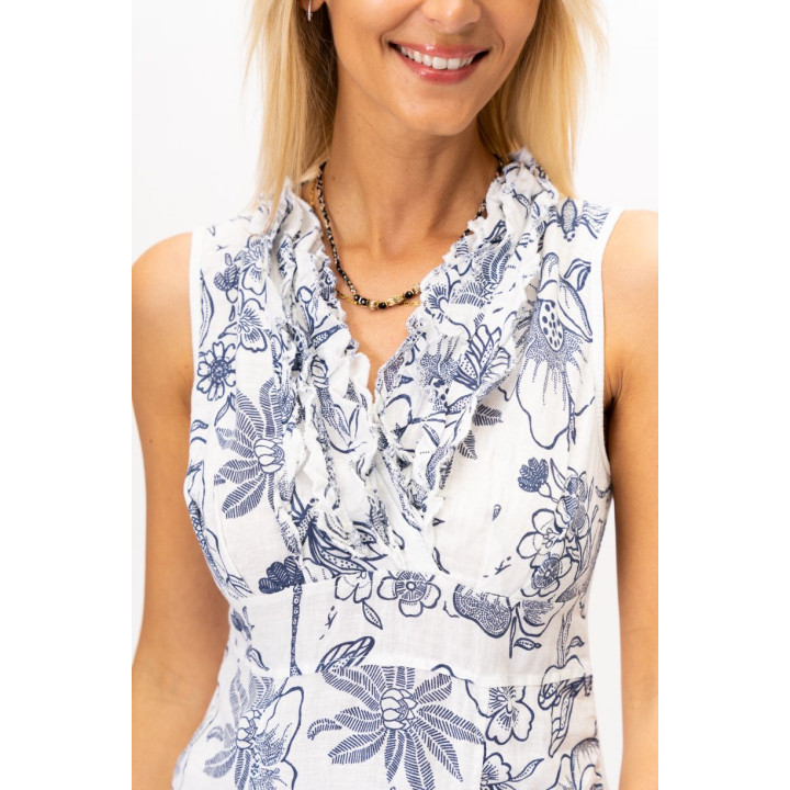 Linen Flower Print Ruffle Dress