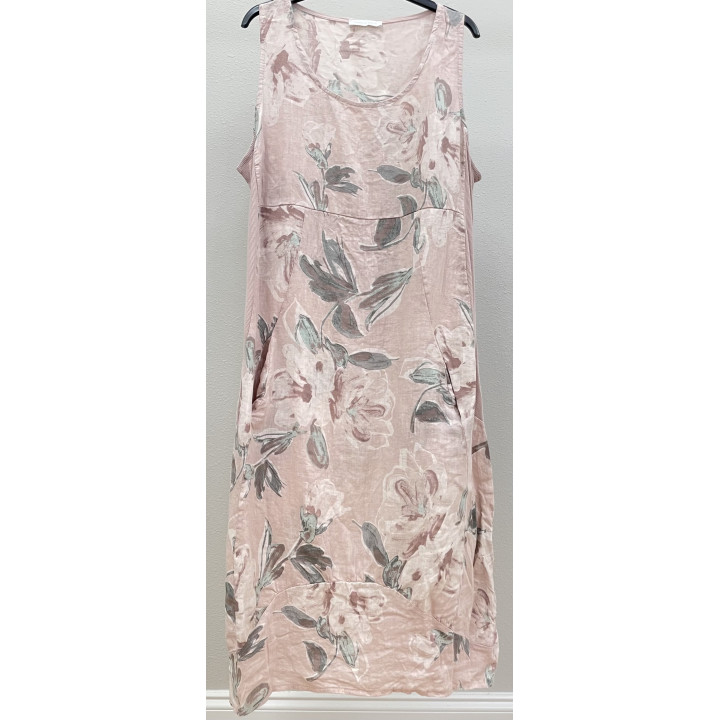 Flowers printed Balloon linen dress. Sleeveless, elastic band on side.  2 sizes S/M and L/XL  Linen  Made in Italy