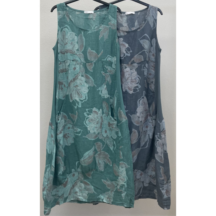 Flowers printed Balloon linen dress. Sleeveless, elastic band on side.  2 sizes S/M and L/XL  Linen  Made in Italy
