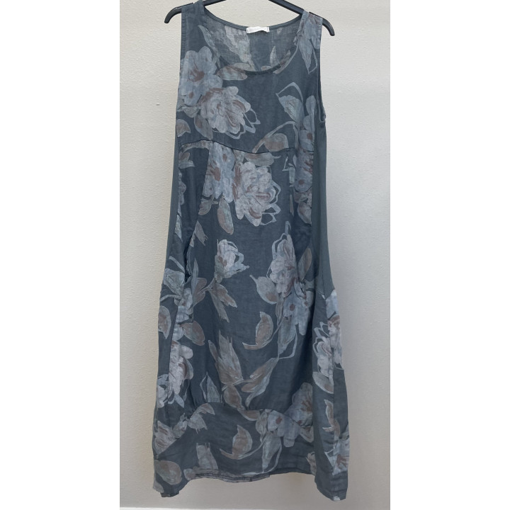 Flowers printed Balloon linen dress. Sleeveless, elastic band on side.  2 sizes S/M and L/XL  Linen  Made in Italy