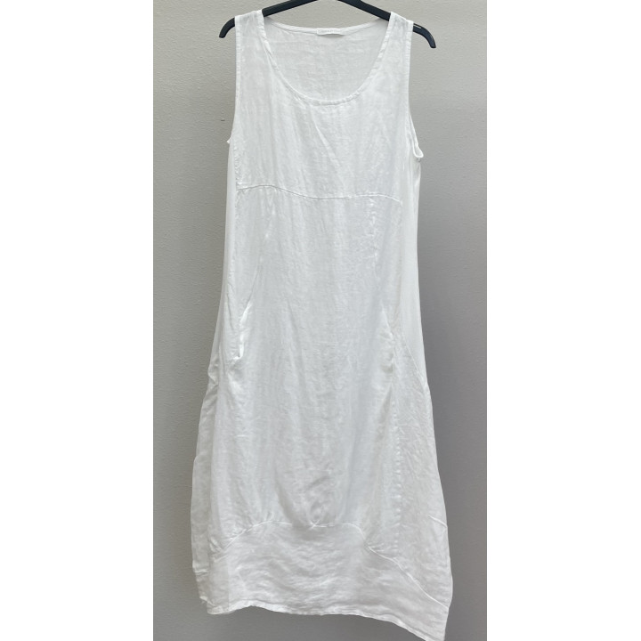 Flowers printed Balloon linen dress. Sleeveless, elastic band on side.  2 sizes S/M and L/XL  Linen  Made in Italy