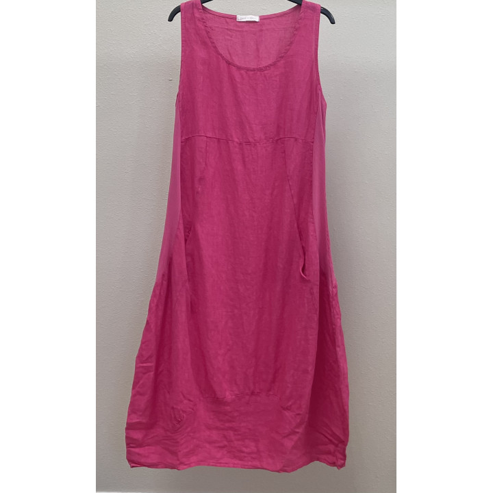 Flowers printed Balloon linen dress. Sleeveless, elastic band on side.  2 sizes S/M and L/XL  Linen  Made in Italy
