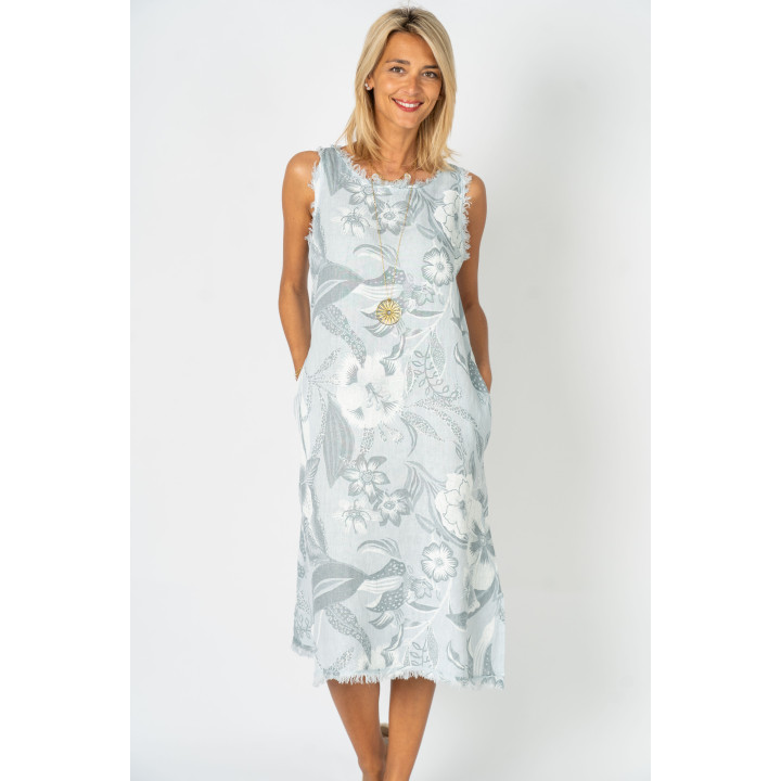 Printed Raw Edge Linen Dress