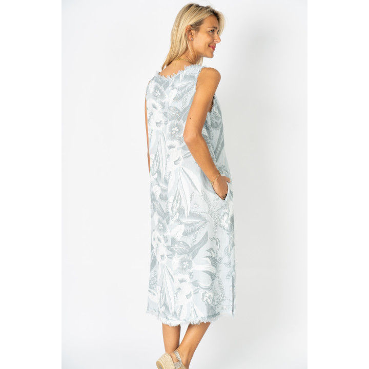 Printed Raw Edge Linen Dress