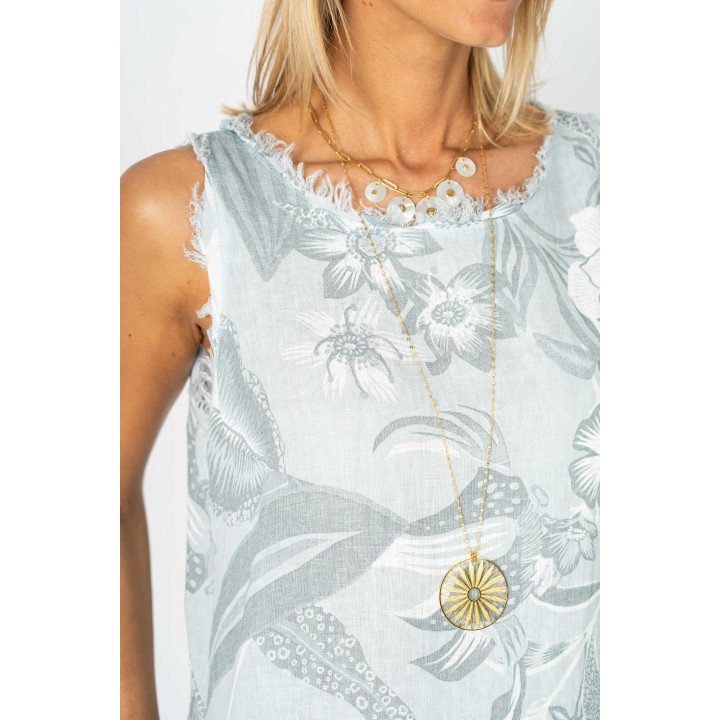 Printed Raw Edge Linen Dress