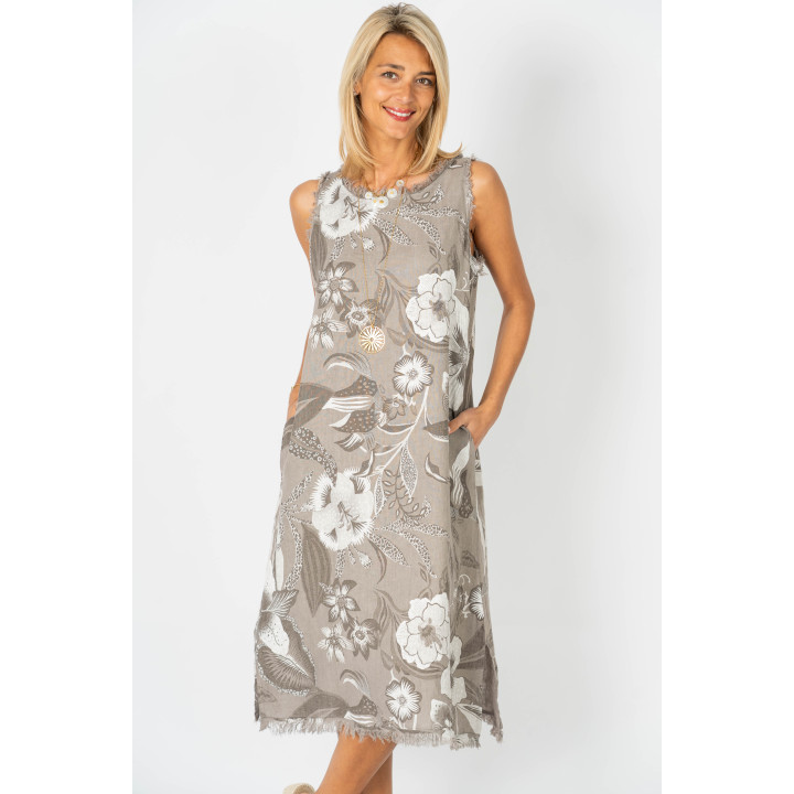 Printed Raw Edge Linen Dress