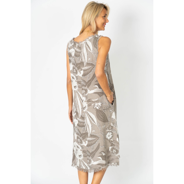 Printed Raw Edge Linen Dress