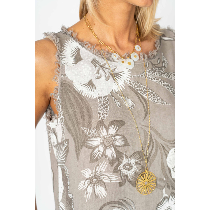 Printed Raw Edge Linen Dress