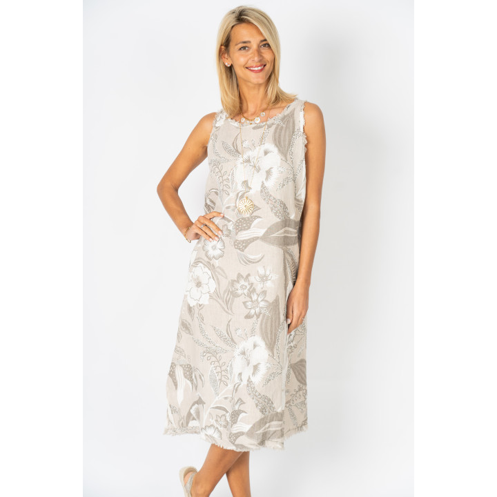 Printed Raw Edge Linen Dress