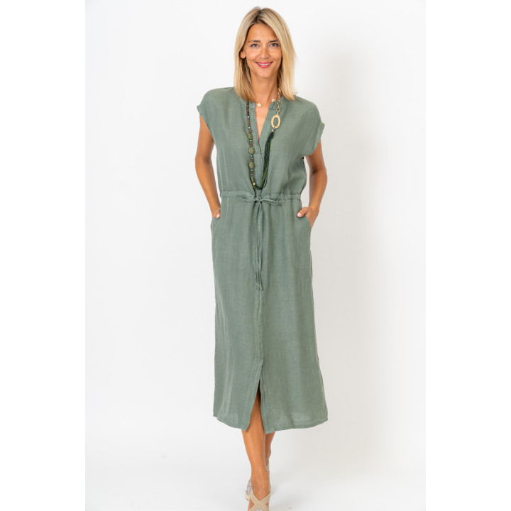 Cinched Waist Linen Dress W/Pockets