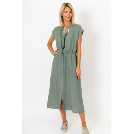 Cinched Waist Linen Dress W/Pockets