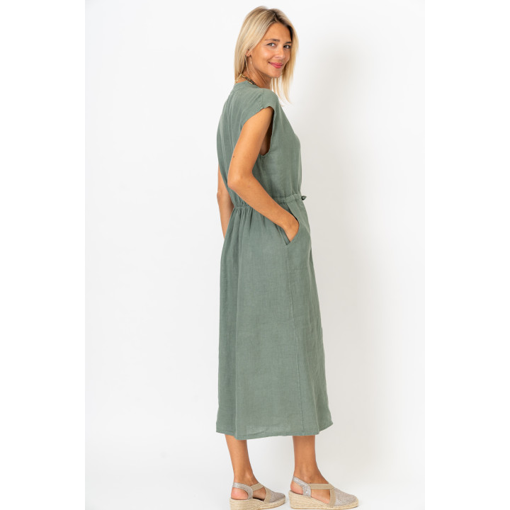Cinched Waist Linen Dress W/Pockets
