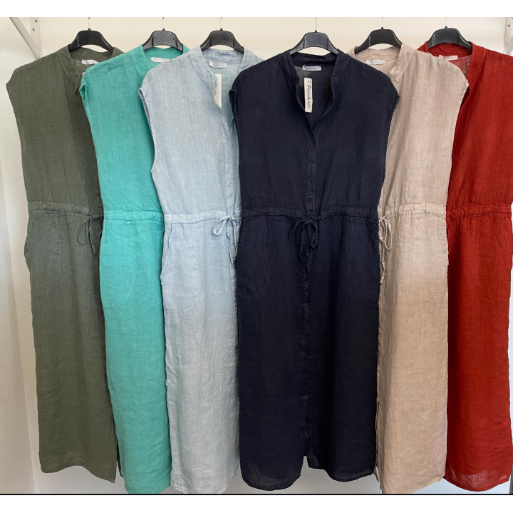 Cinched Waist Linen Dress W/Pockets