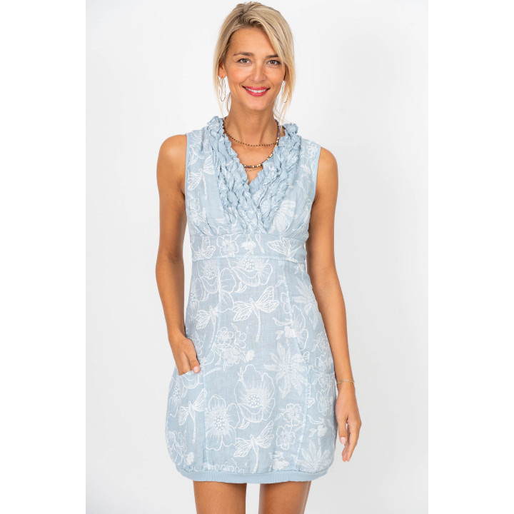 Linen Flower Print Ruffle Dress