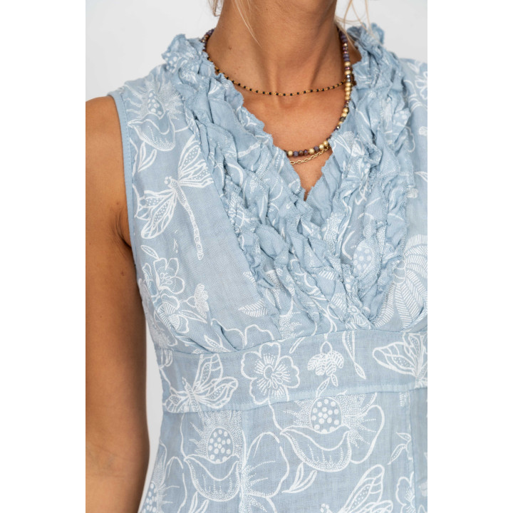 Linen Flower Print Ruffle Dress