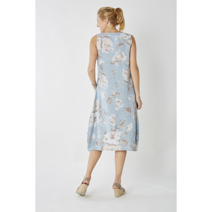 Flowers printed Balloon linen dress. Sleeveless, elastic band on side.  2 sizes S/M and L/XL  Linen  Made in Italy